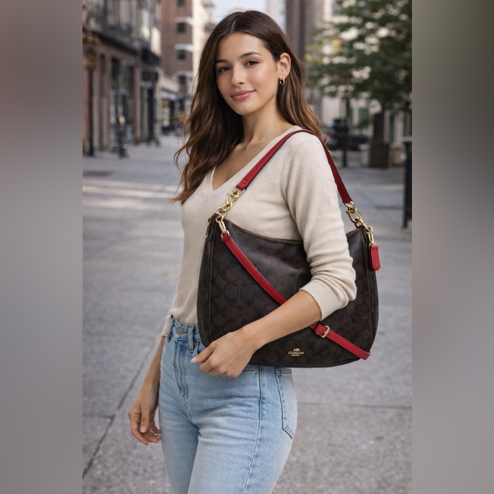 Coach Signature Cavas Elle Hobo Bag and Wallet Set in Brown w Red Leather Trim - Picture 17 of 17